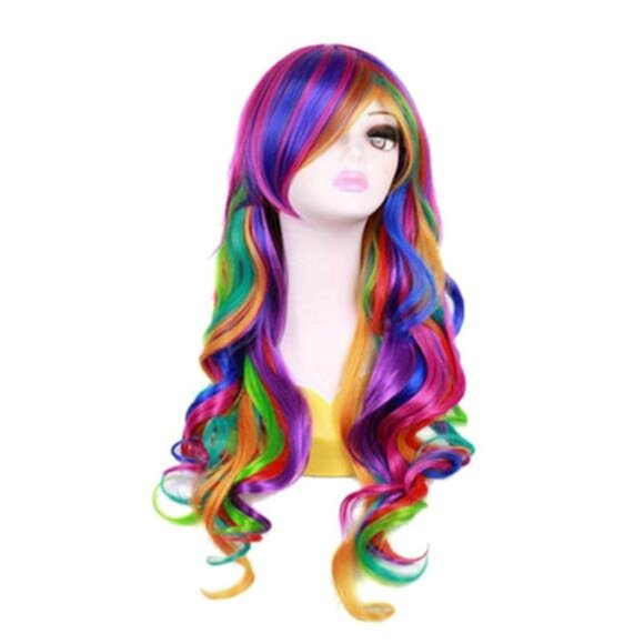 Women Long 27.56\'\'/70cm Rainbow Curly Wig, Colorful Wavy Cosplay Heat